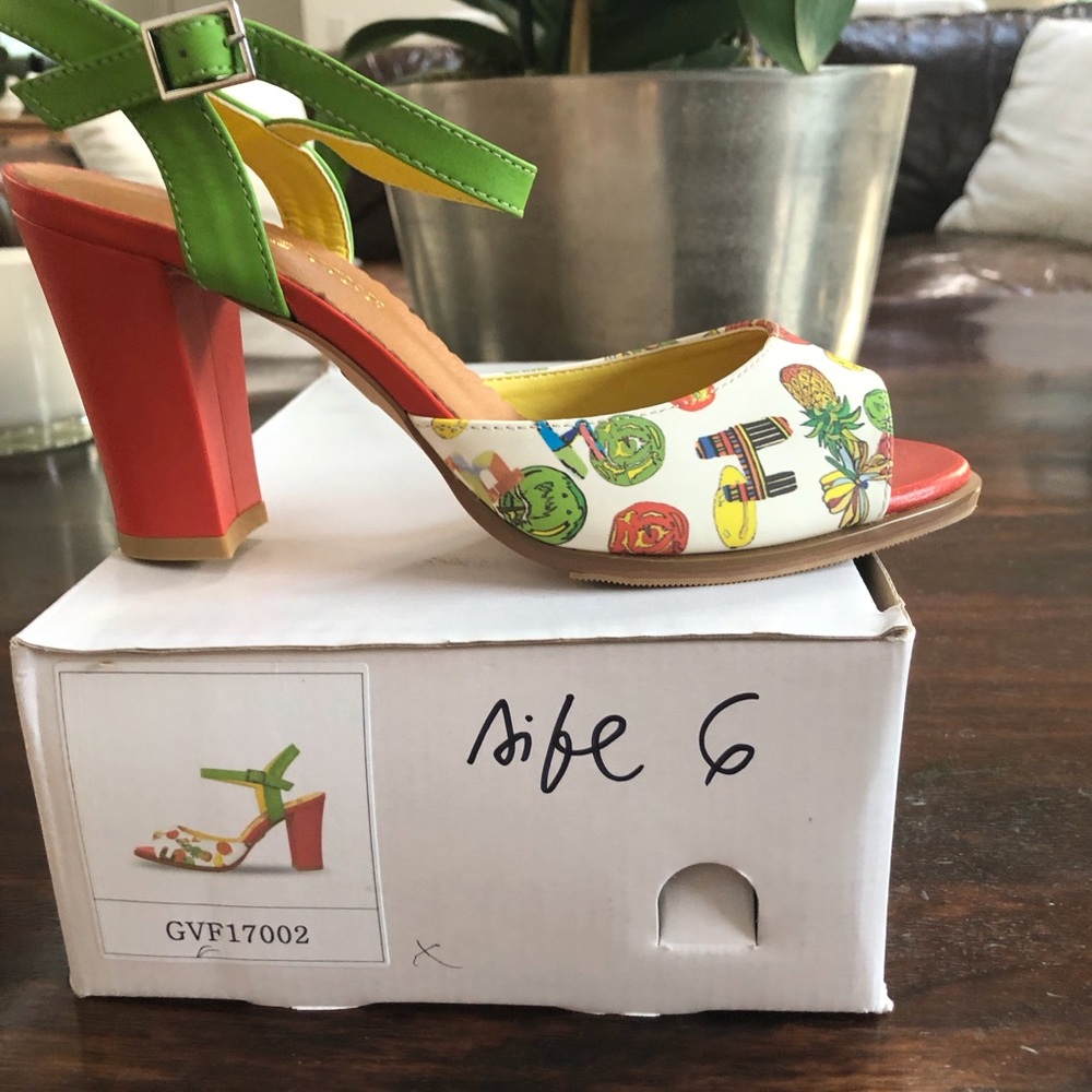 Multicolor Block Heel Sandal in Green, Coral & White Grape Vine